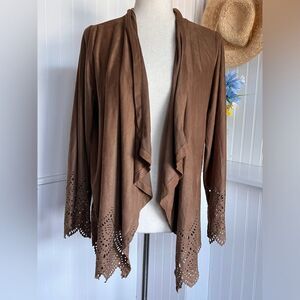 Open Draped Cardigan W/ Hem & Sleeve LaserCut Outs.